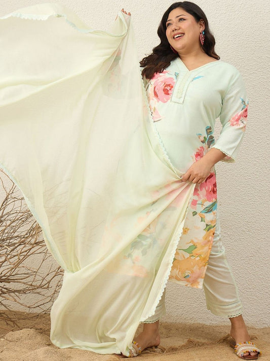 Dhiyona Women's Floral Printed Regular Kurta with Trousers & With Dupatta