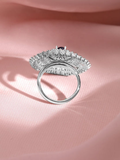 Dhiyona RJ Women's Rhodium-Plated Blue Sapphire & Zirconia Studded Adjustable Finger Ring