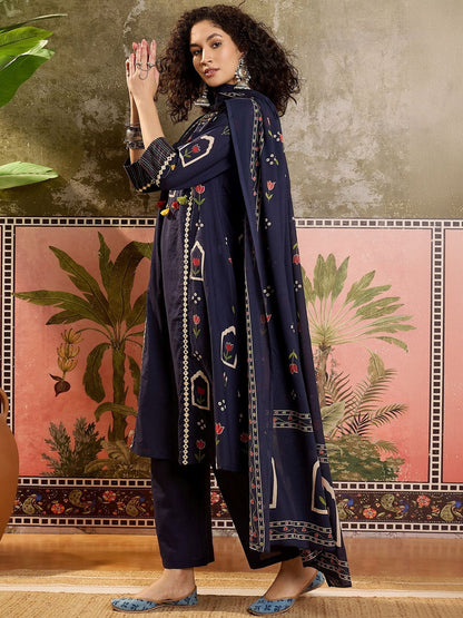 Printed Pure Cotton Round Neck Kurta & Trousers With Dupatta