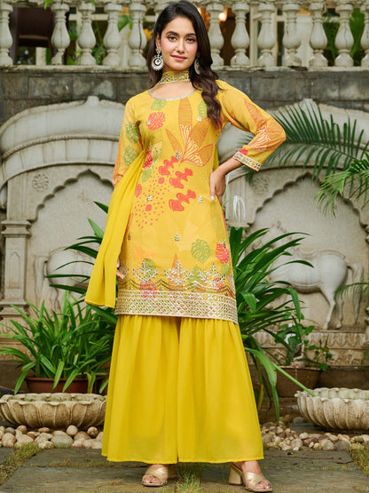 Women Floral Printed Regular Sequinned Kurta with Sharara & With Dupatta
