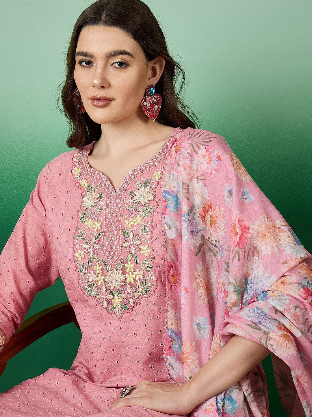 Floral Embroidered Thread Work Pure Cotton Kurta with Trousers & Dupatta