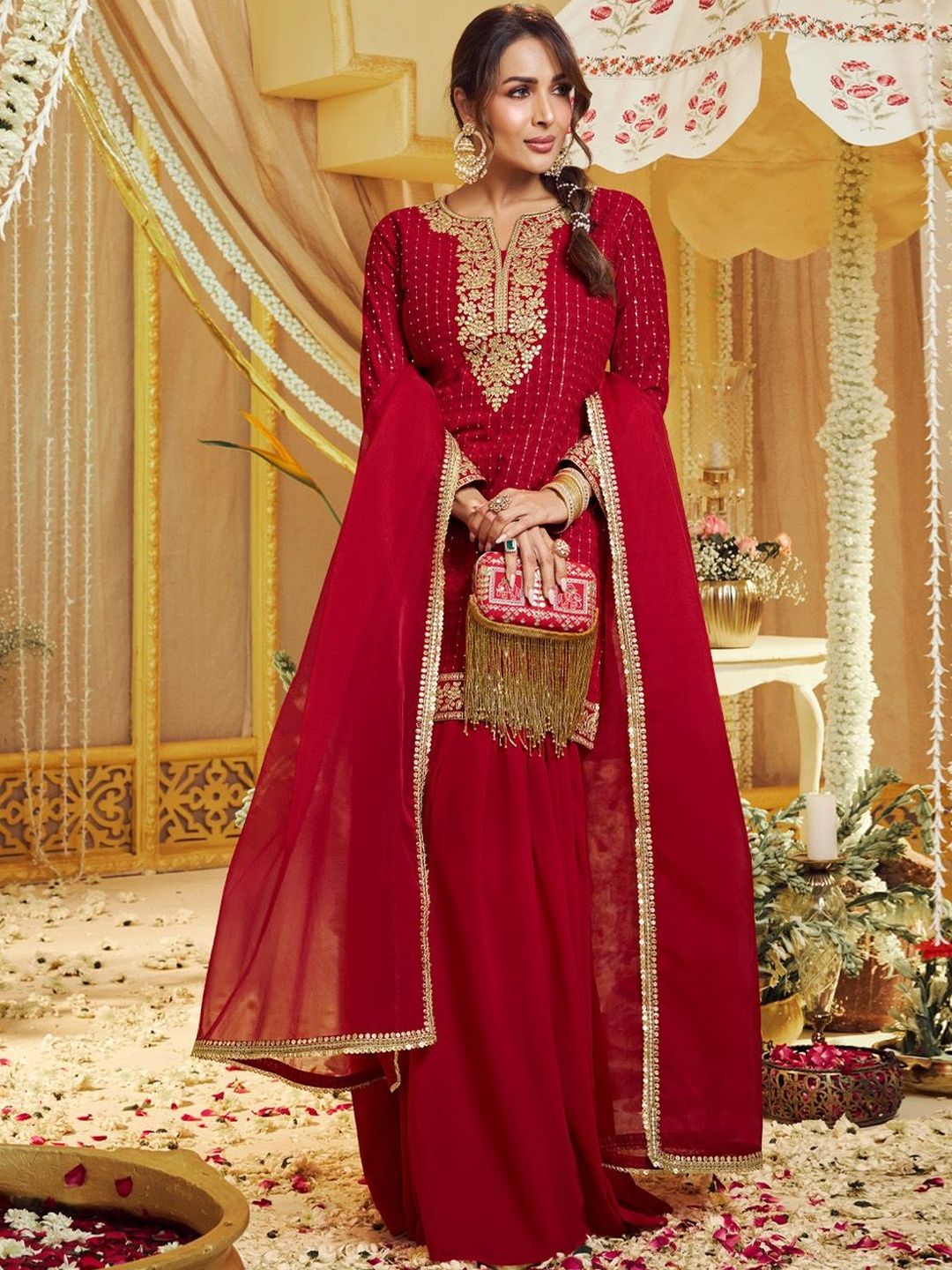 Dhiyona IN Women Ethnic Motifs Embroidered Regular Thread Work Kurta with Sharara & With Dupatta