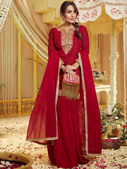 Dhiyona IN Women Ethnic Motifs Embroidered Regular Thread Work Kurta with Sharara & With Dupatta