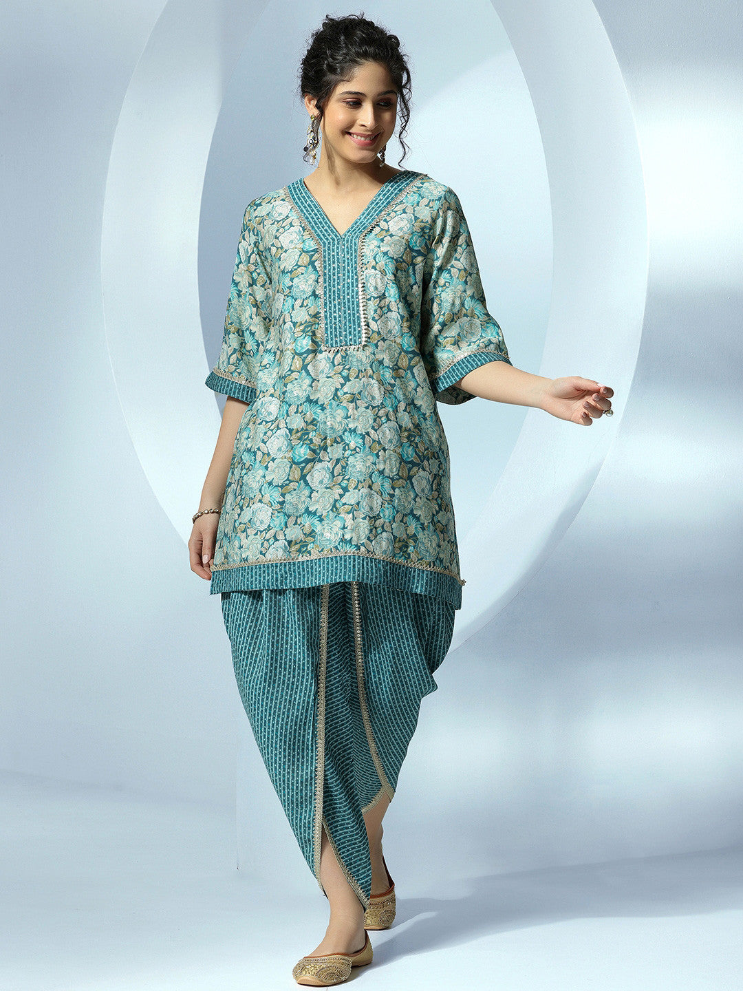 Women Floral Printed Regular Gotta Patti Kurta with Dhoti Pants