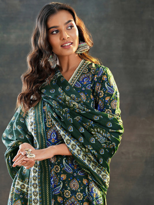 Paisley Printed V-Neck Straight Kurta With Trousers & Dupatta