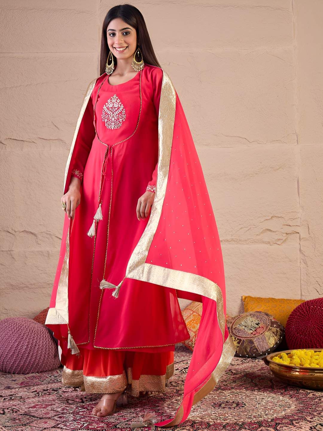 Dhiyona IN Floral Embroidered Zari Georgette Anarkali Kurta With Palazzos & Dupatta