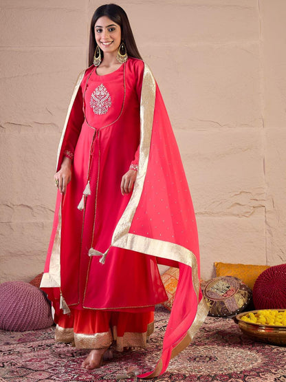 Dhiyona IN Floral Embroidered Zari Georgette Anarkali Kurta With Palazzos & Dupatta
