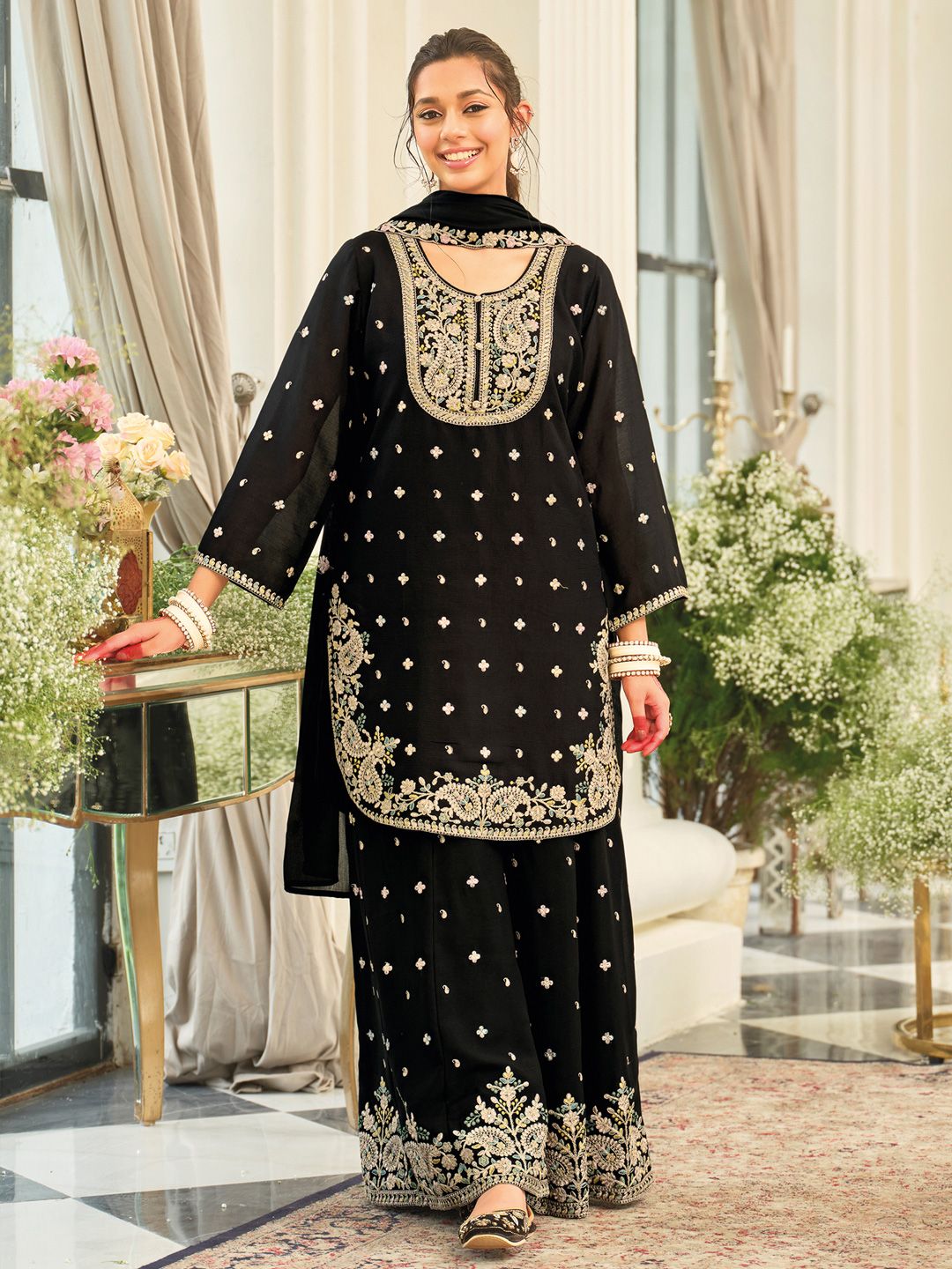 Dhiyona IE Paisley Embroidered Sequinned Straight Kurta With Palazzos & Dupatta