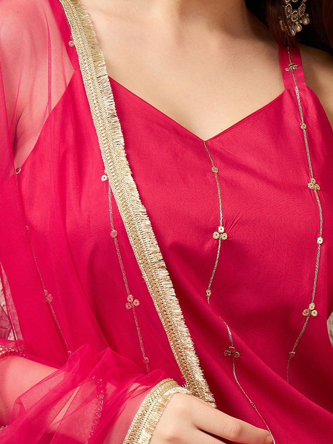 Embroidered V-Neck Kurta & Trousers With Dupatta Set