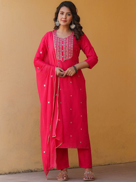Dhiyona KL Women Ethnic Motifs Embroidered Regular Kurta with Trousers & With Dupatta