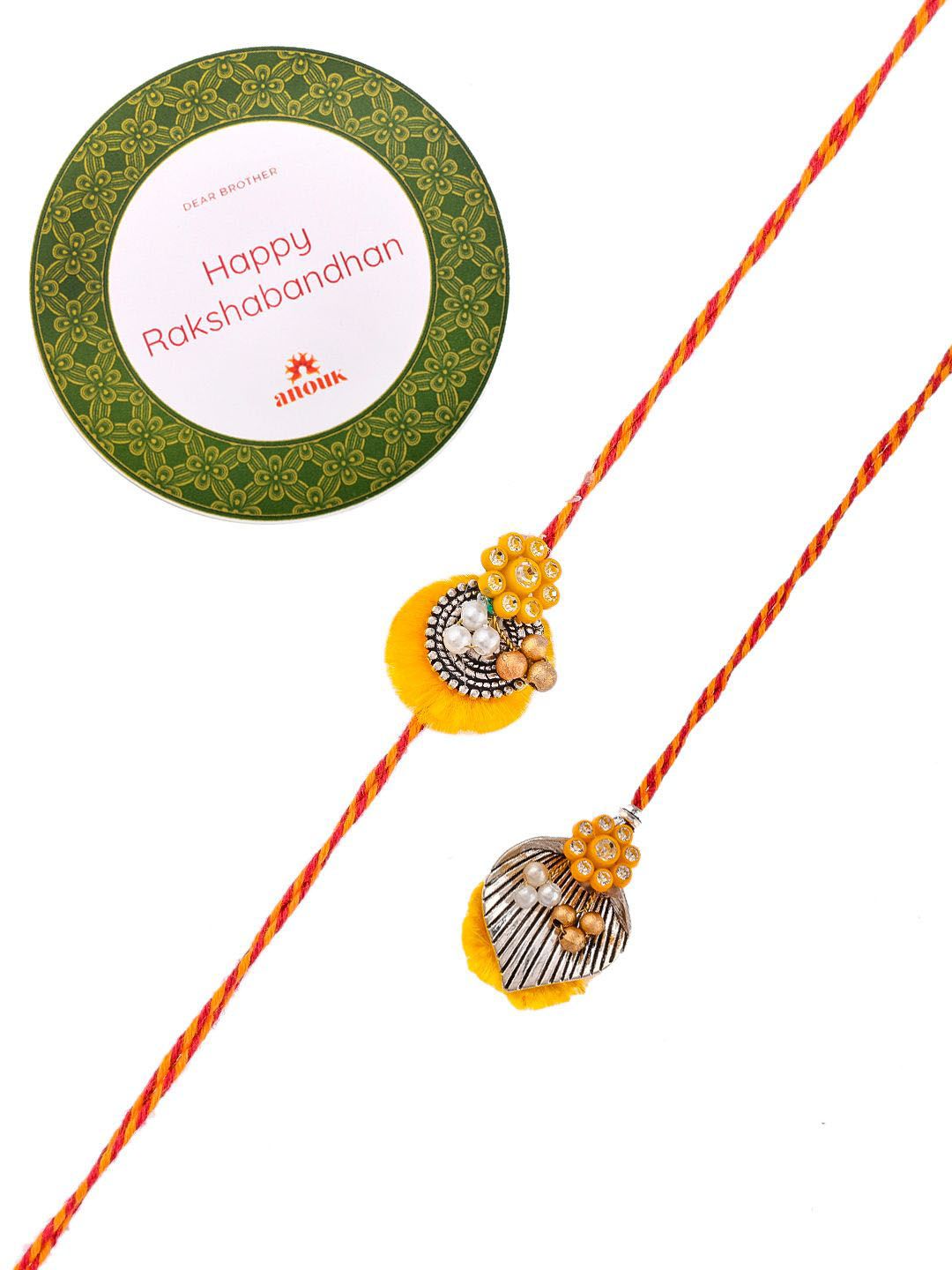 Dhiyona Gold Toned Beaded Bhaiya Bhabhi Thread Rakhis With Roli, Chawal & Greeting Card