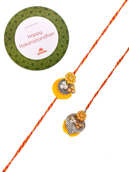 Dhiyona Gold Toned Beaded Bhaiya Bhabhi Thread Rakhis With Roli, Chawal & Greeting Card