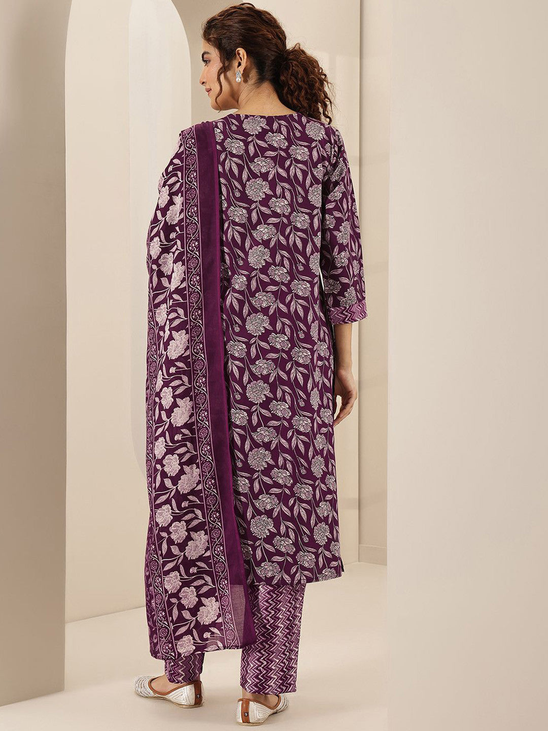 Floral Printed Round Neck Mirror Work Straight Kurta With Trousers & Dupatta