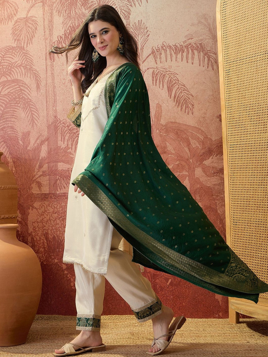 Embroidered V-Neck Kurta Trousers & Dupatta