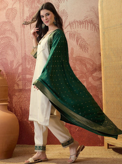 Embroidered V-Neck Kurta Trousers & Dupatta