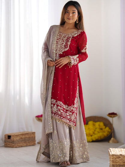 Dhiyona KL Women Embroidered Regular Sequinned Kurta with Sharara & With Dupatta