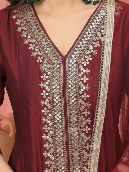 Printed Silk Blend Shirt Collar Kurta & Trousers With Dupatta