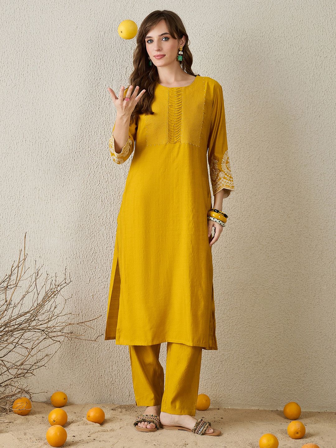 Dhiyona IE Women Mustard Ethnic Motifs Embroidered Regular Straight Kurta Sets