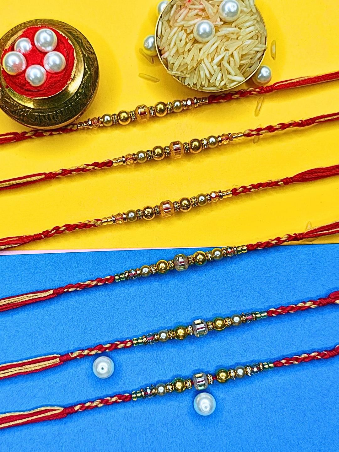 Dhiyona Set Of 6 Beaded Cotton Thread with AD Stones & Meenakari Designer Rakhi for Brother