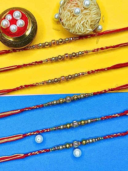 Dhiyona Set Of 6 Beaded Cotton Thread with AD Stones & Meenakari Designer Rakhi for Brother