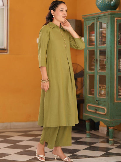 Dhiyona RR Women's Shirt Collar Pure Cotton A-Line Kurta With Trousers