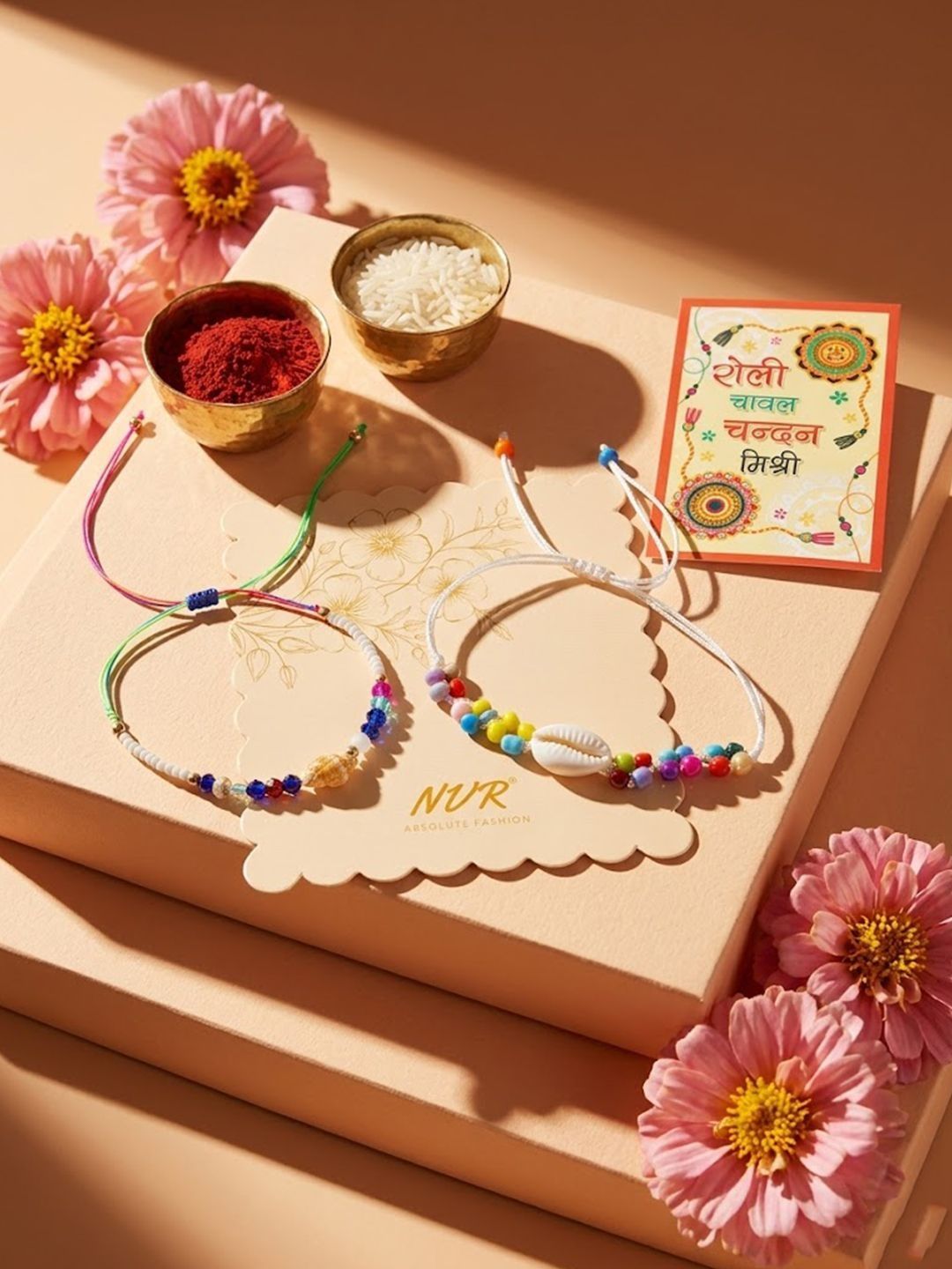 Dhiyona Set Of 2 Artificial Beads Thread Rakhi With Roli Chawal Chandan Mishri