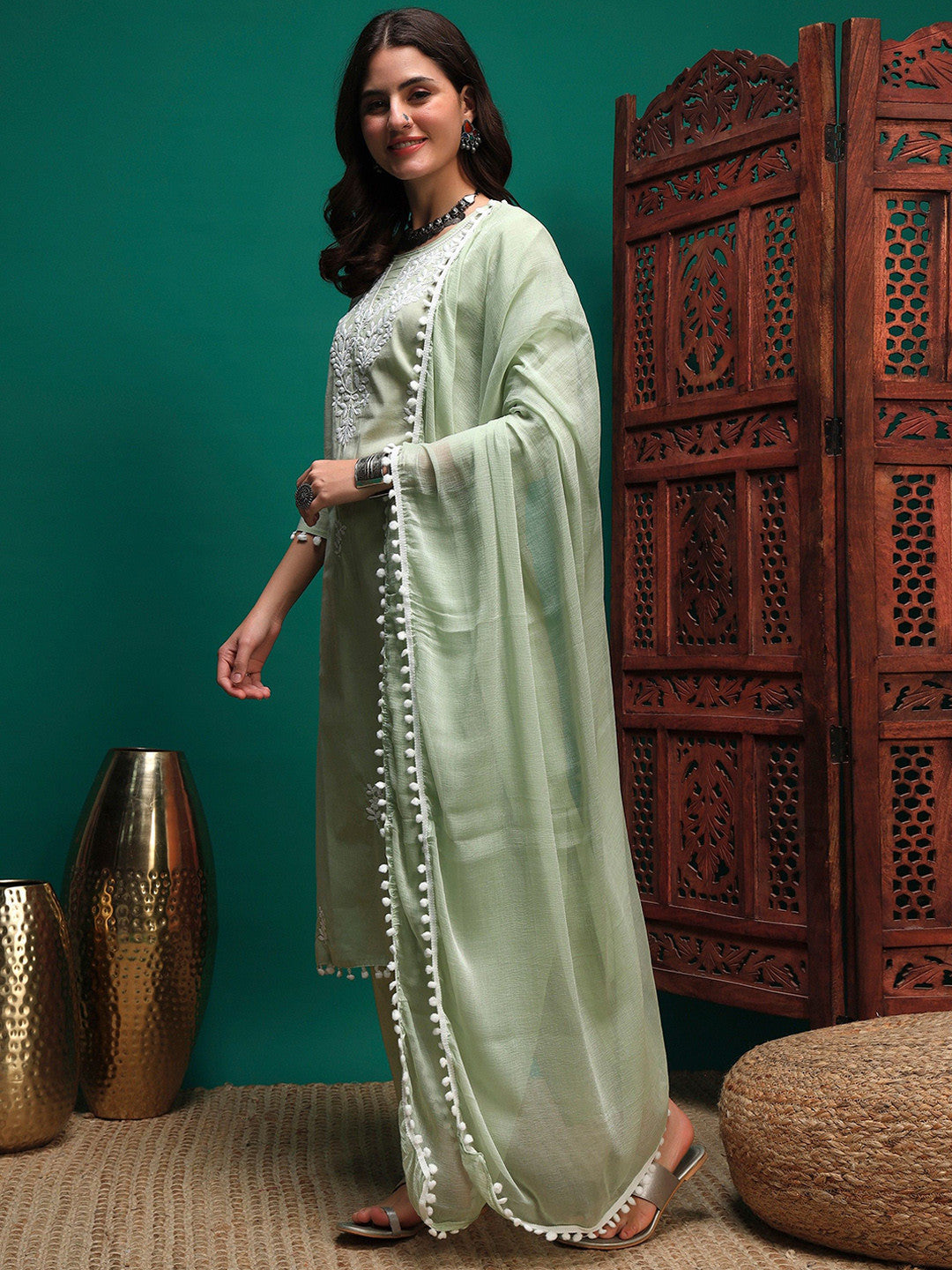 Floral Embroidered Pure Cotton Chikankari Straight Kurta & Trousers With Dupatta