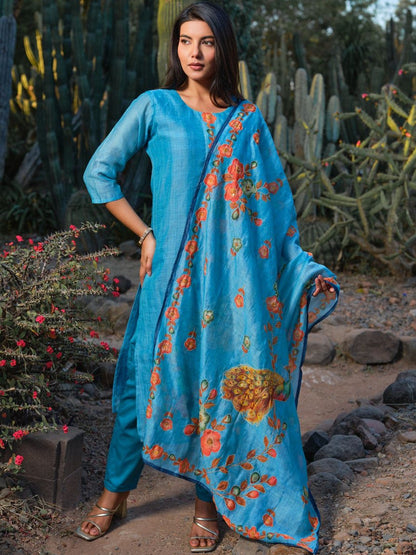 Floral Printed Round Neck Straight Kurta & Trousers With Dupattta