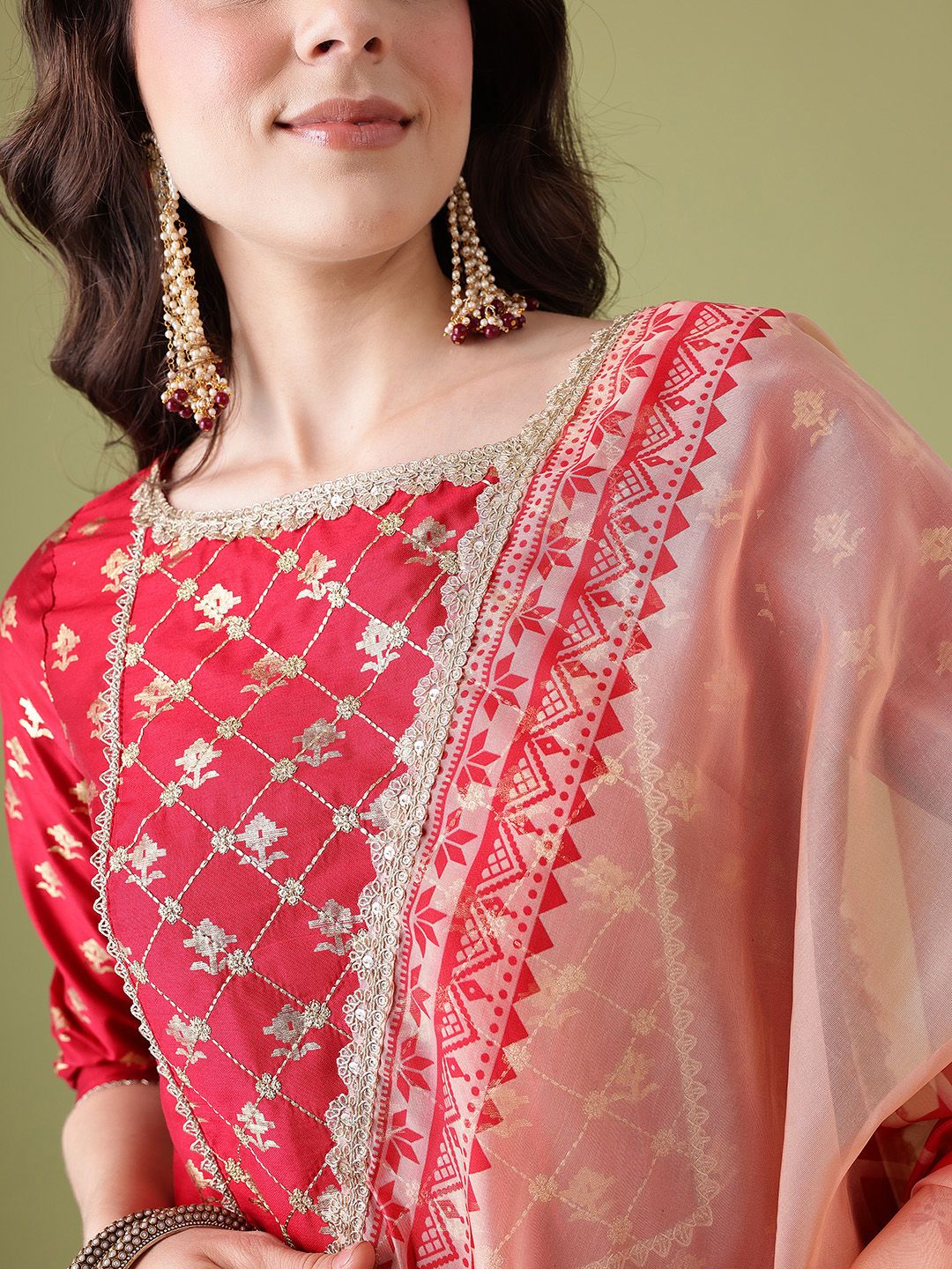 Dhiyona AN Floral Foil Printed Gotta Patti Detail Kurta with Sharara & Dupatta