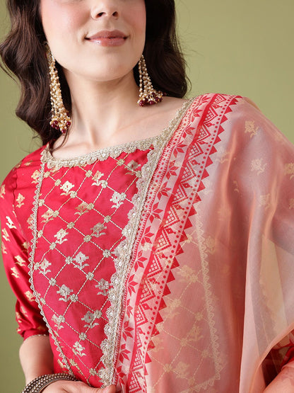Dhiyona AN Floral Foil Printed Gotta Patti Detail Kurta with Sharara & Dupatta