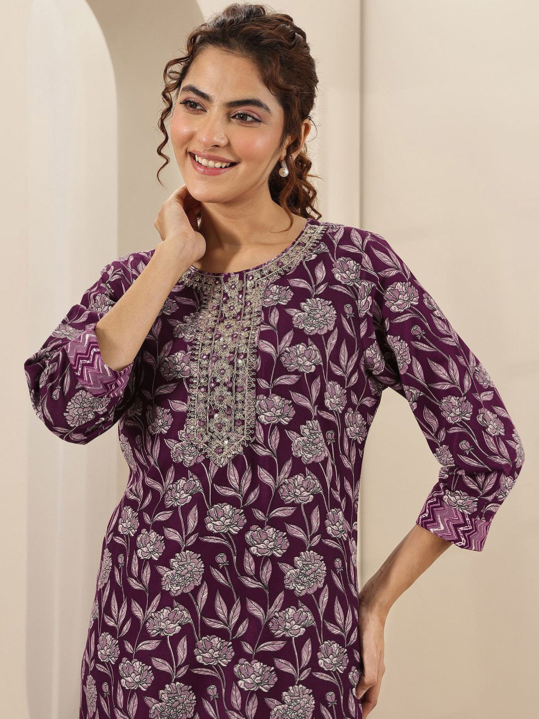 Floral Printed Round Neck Mirror Work Straight Kurta With Trousers & Dupatta