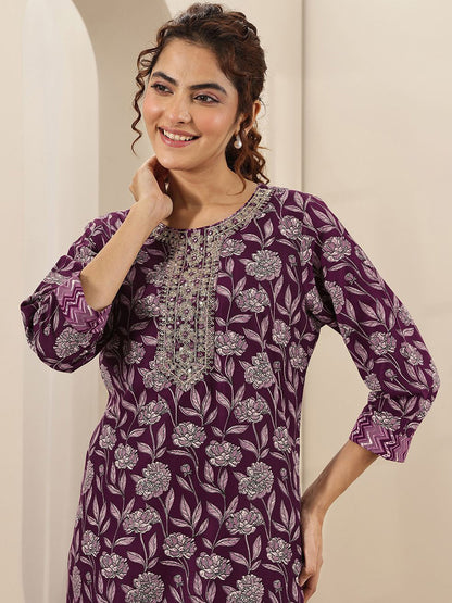 Floral Printed Round Neck Mirror Work Straight Kurta With Trousers & Dupatta