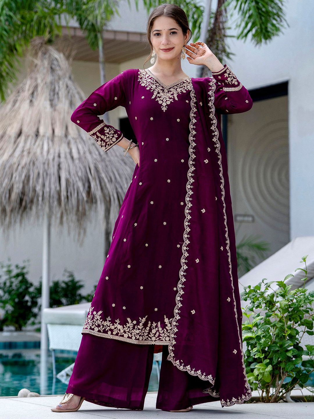 Dhiyona KL Women Ethnic Motifs Embroidered Regular Thread Work Kurta with Palazzos & With Dupatta