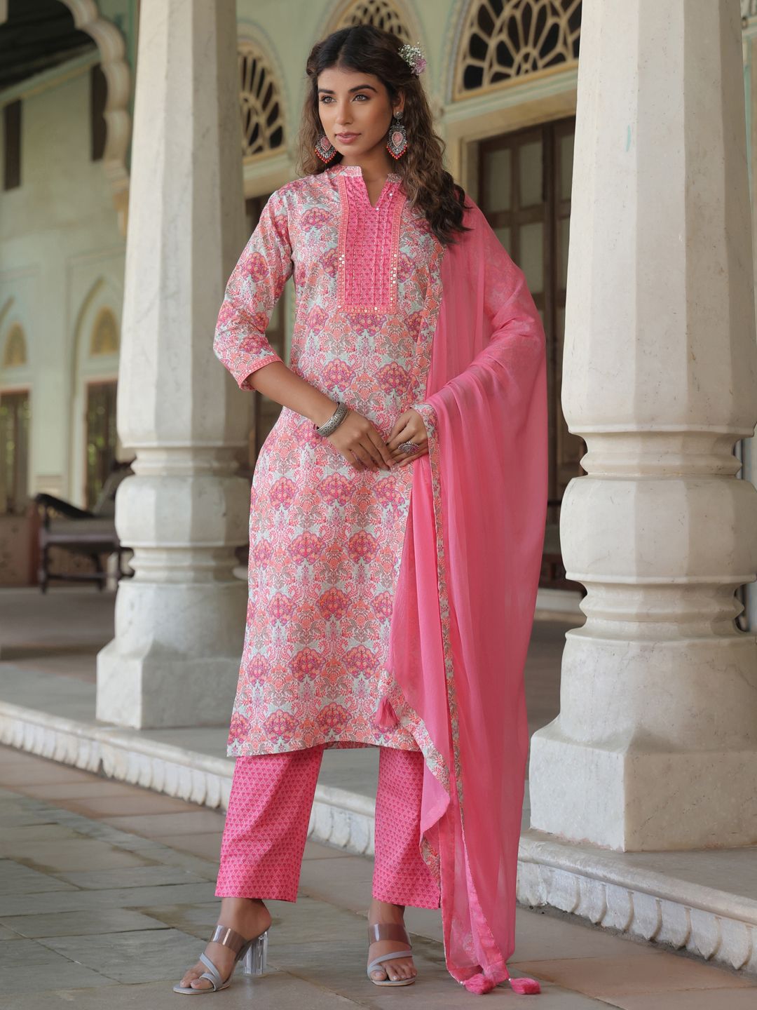 Dhiyona RR Women's Floral Printed Pure Cotton Kurta with Trousers & Dupatta