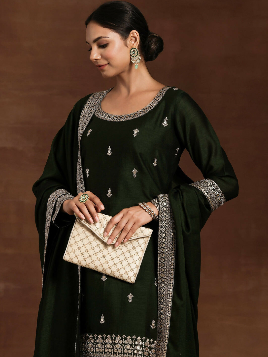 Women's LB Green Embroidered Silk Blend Straight Suit With Dupatta