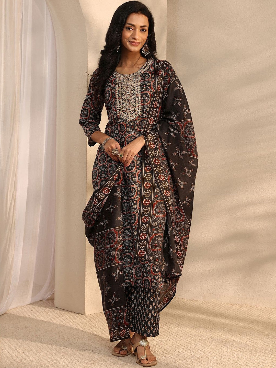Libas Black Ajrak Printed Straight Suit Set with Dupatta