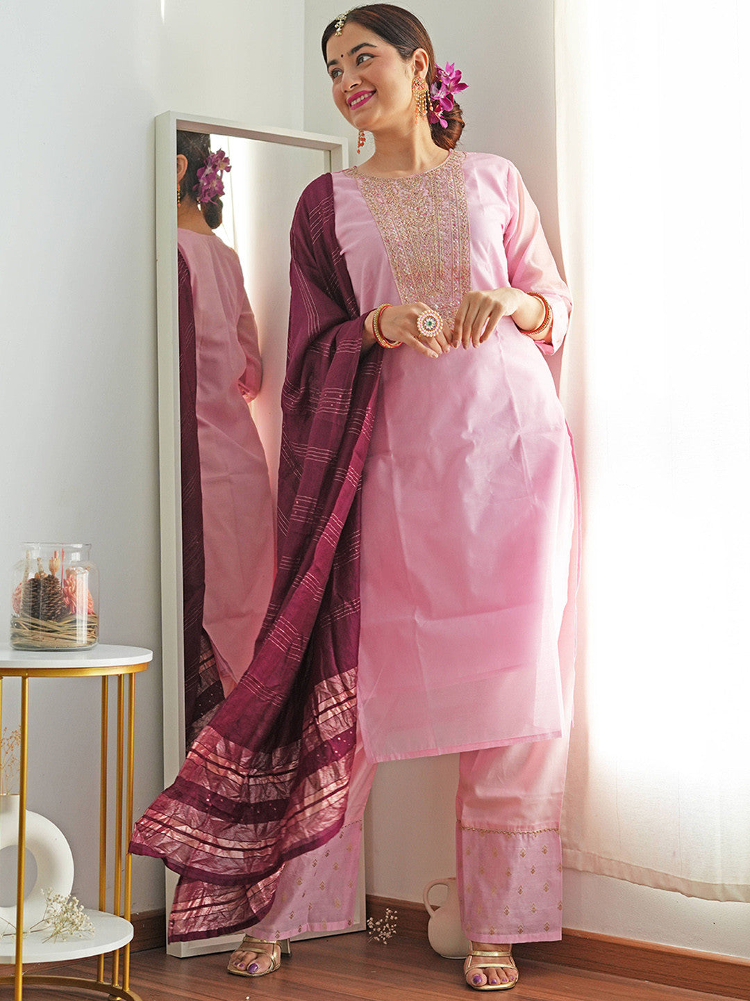 Floral Embroidered Sequinned Chanderi Silk Straight Kurta & Palazzo With Dupatta