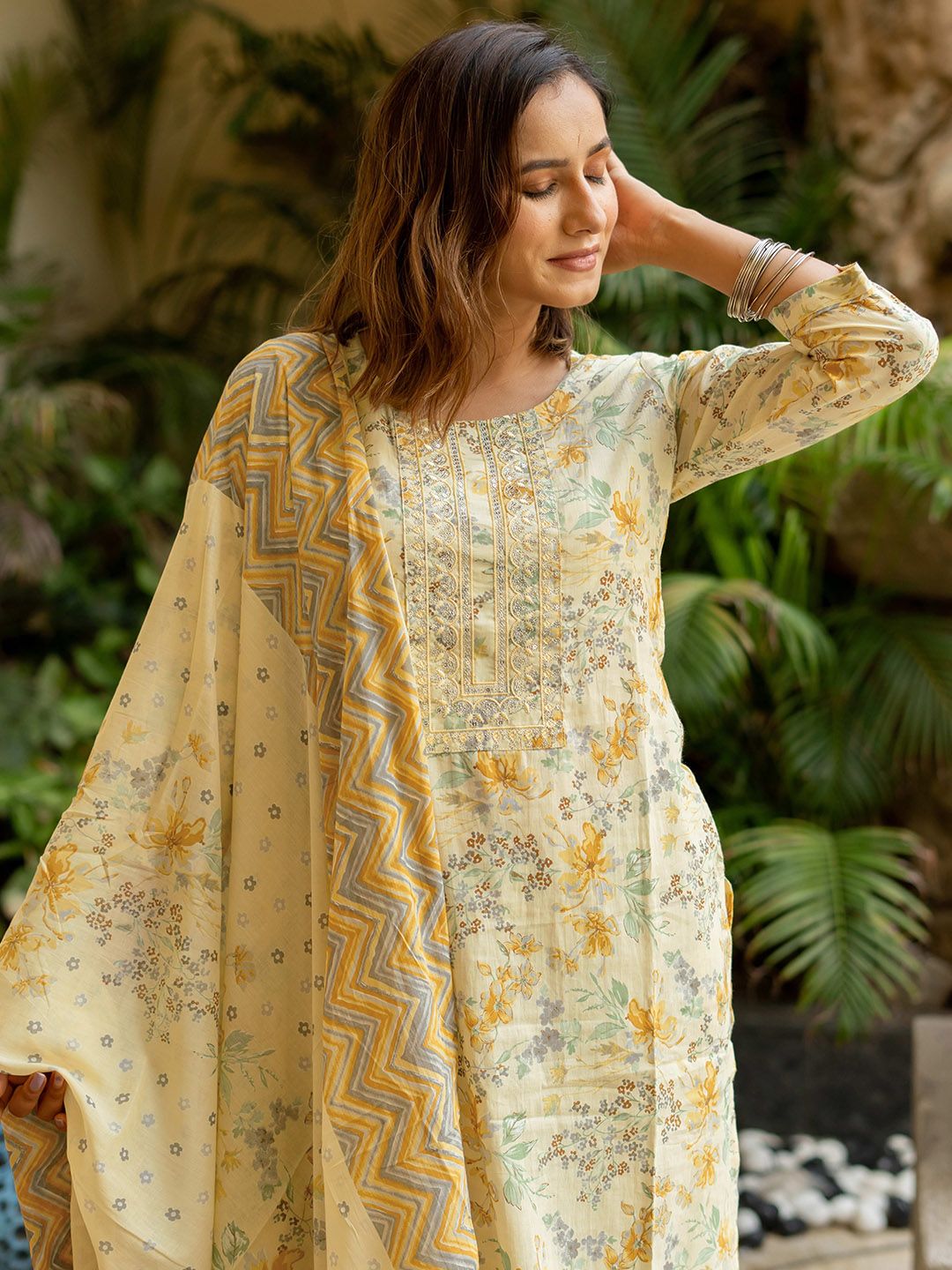 Dhiyona KL Floral Printed Sequinned Pure Cotton Kurta with Trousers & Dupatta