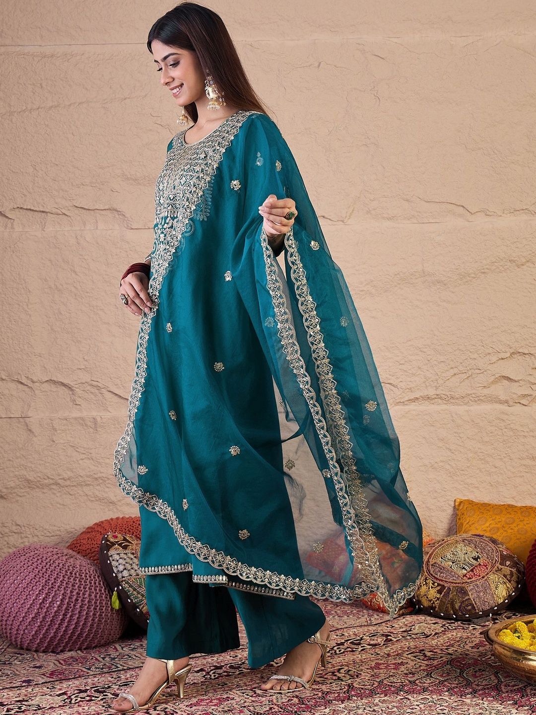 Dhiyona IN Women Ethnic Motifs Embroidered Panelled Thread Work Kurta with Palazzos & With Dupatta