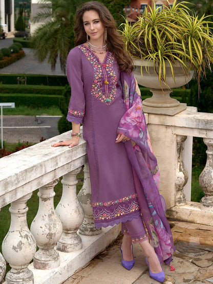 Floral Embroidered A-Line Kurta With Trousers & Dupatta