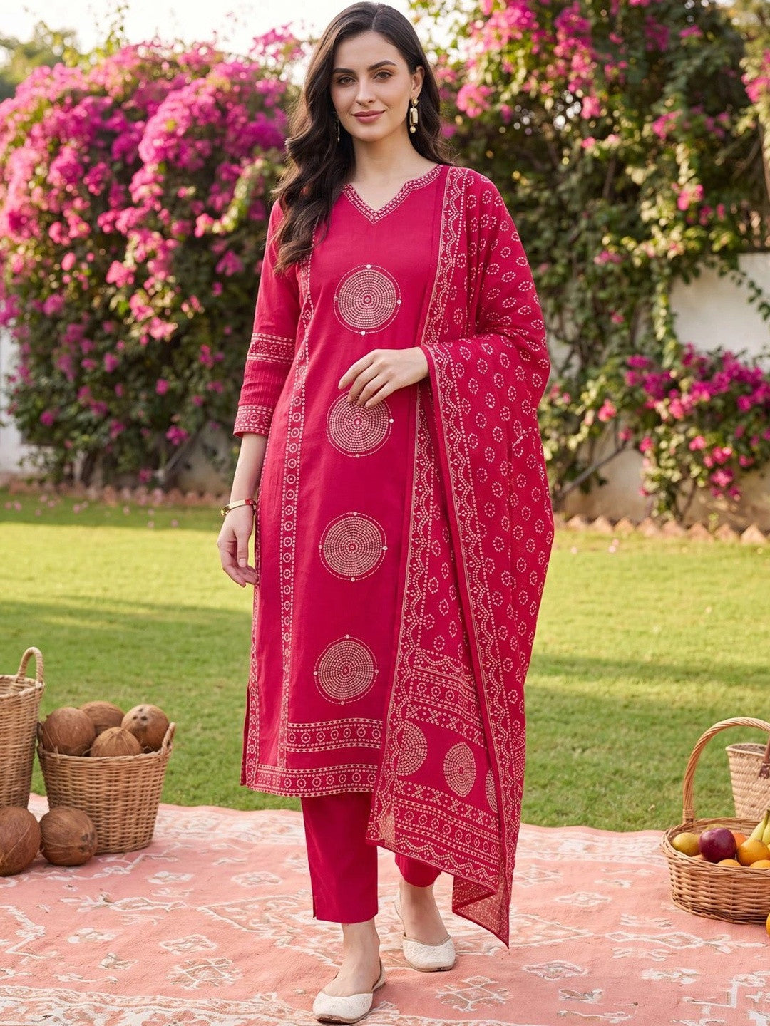 Women Ethnic Motifs Printed Regular Pure Cotton Kurta with Trousers & With Dupatta