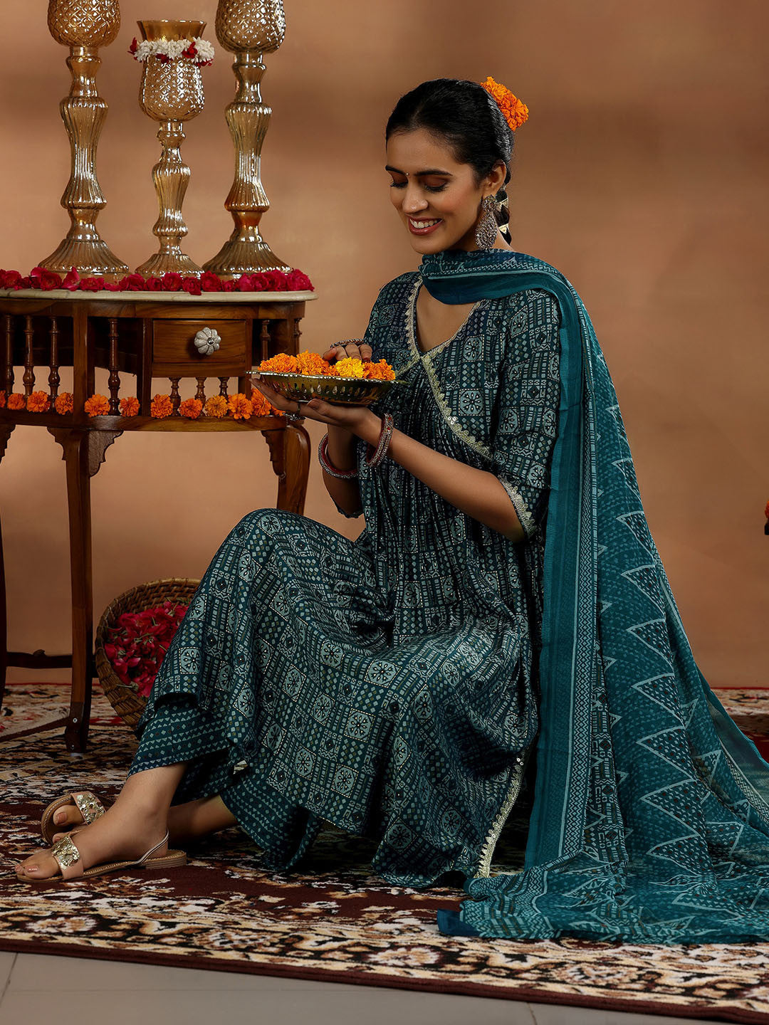 Women Ethnic Motifs Printed Angrakha Thread Work Kurta with Trousers & With Dupatta