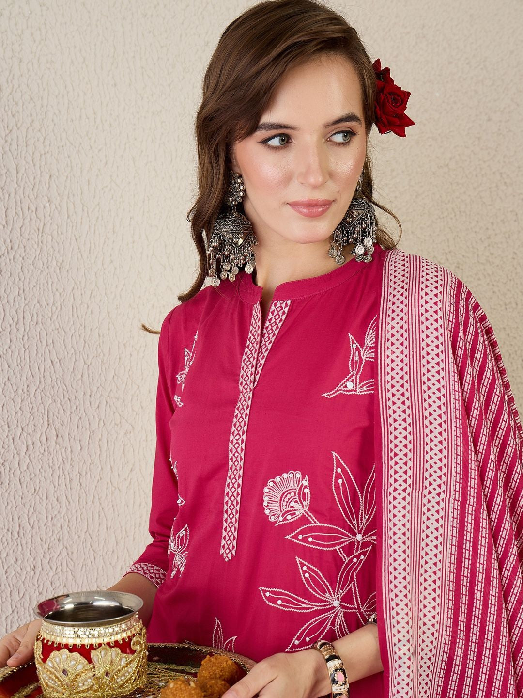Women Floral Embroidered Regular Beads and Stones Pure Cotton Kurta with Trousers & With Dupatta