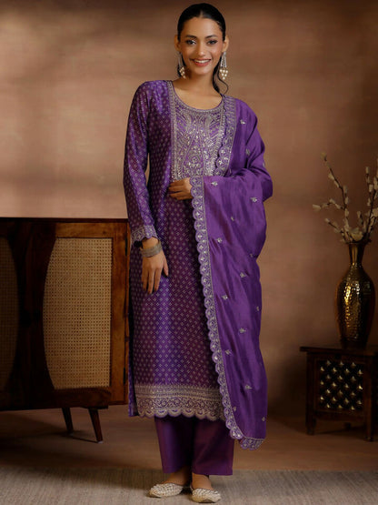 Women's LB Purple Printed Silk Blend Straight Suit With Dupatta