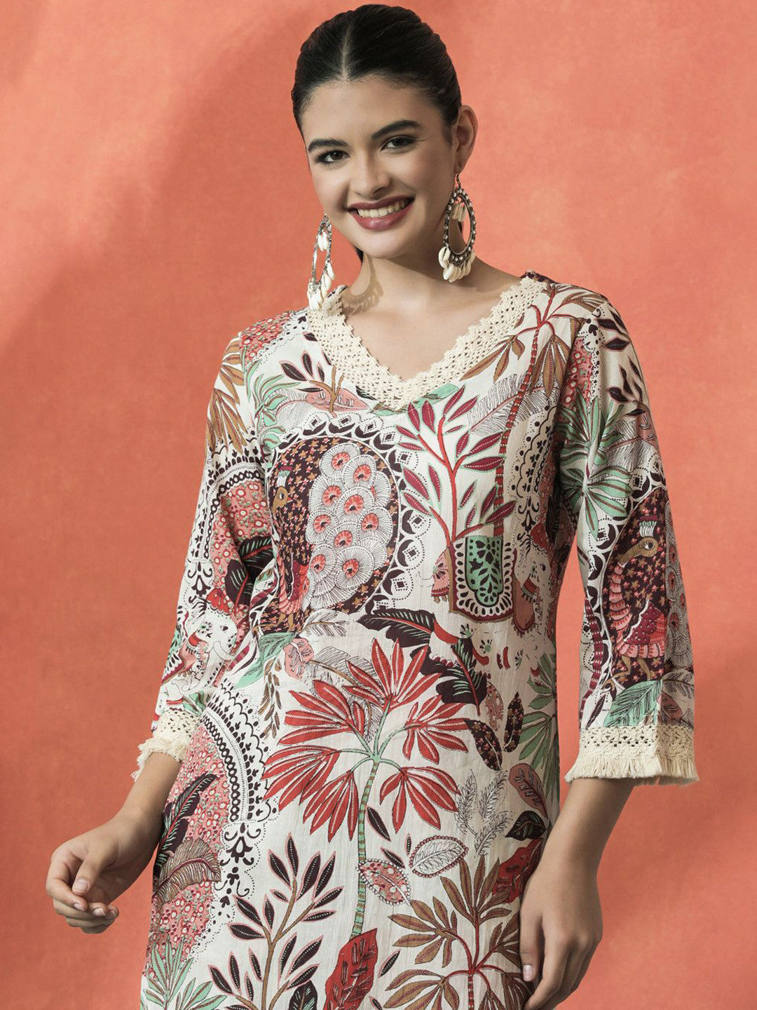 Dhiyona SN Floral Printed V-Neck Pure Cotton Straight Kurta With Palazzo