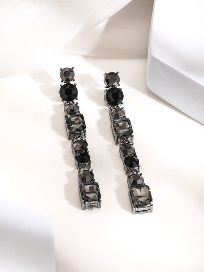 Dhiyona RJ Women's Gunmetal-Plated Black Zicronia Stone Long Dangle Earrings