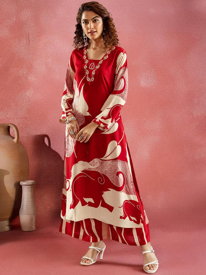Printed With Embroidered Kurta With Palazzos