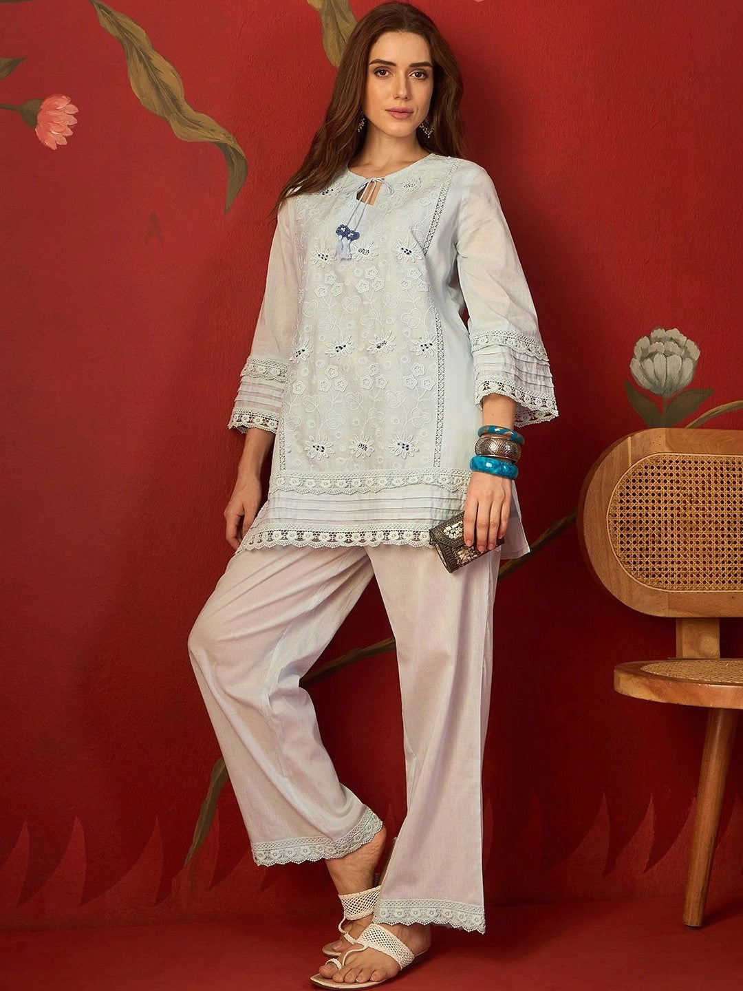 Blue schiffli embroidered cotton tunic and pants
