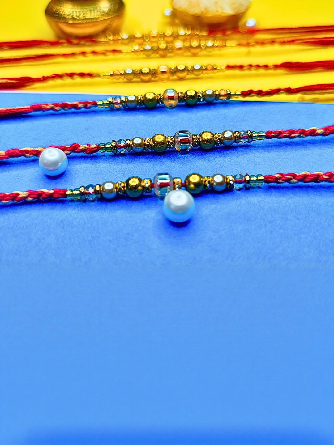 Dhiyona Set Of 6 Beaded Cotton Thread with AD Stones & Meenakari Designer Rakhi for Brother