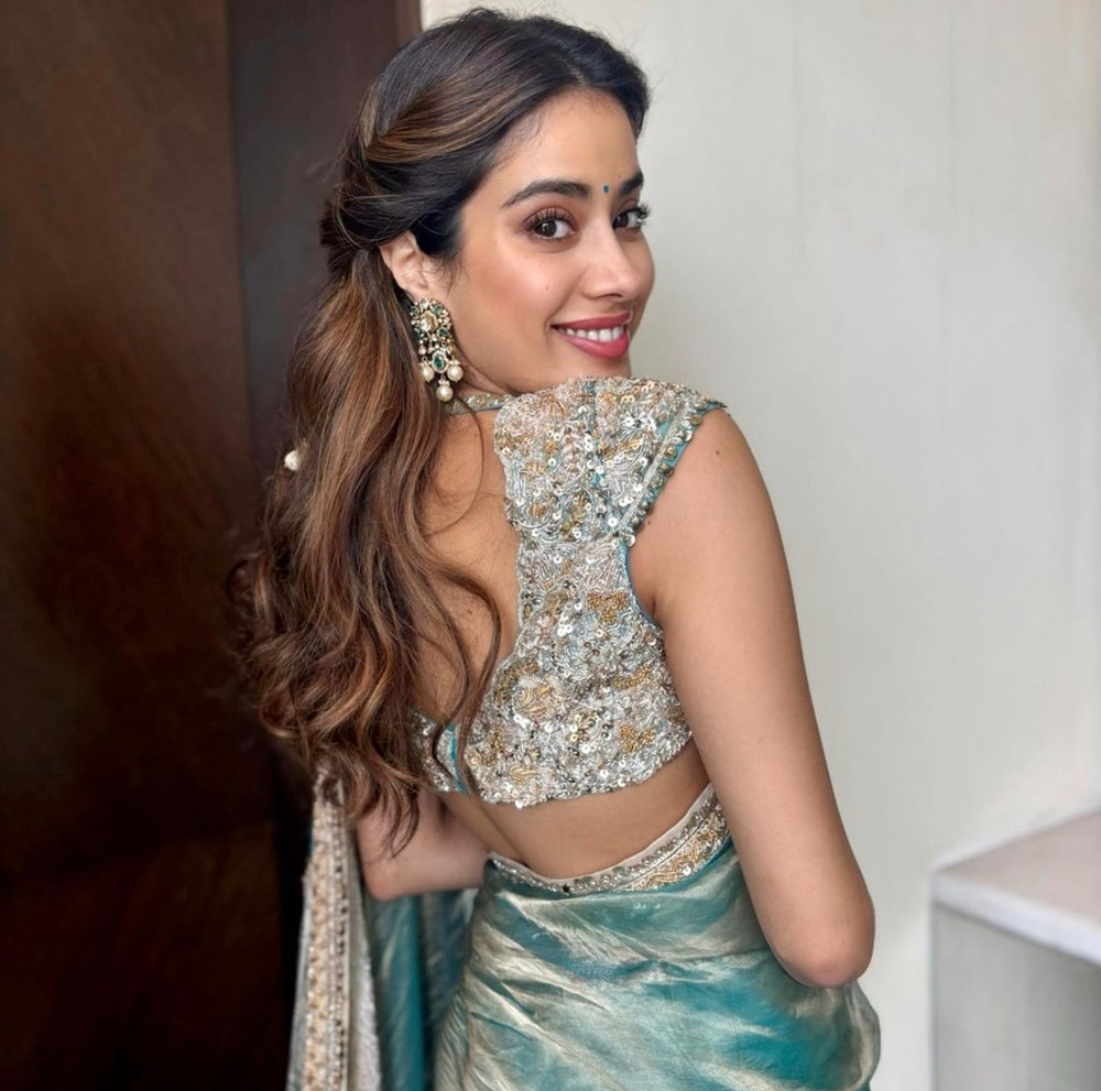 Dhiyona HH Janhvi Kapoor Inspired Aqua Blue Soft Tissue Silk Saree | Unstitched Blouse Piece